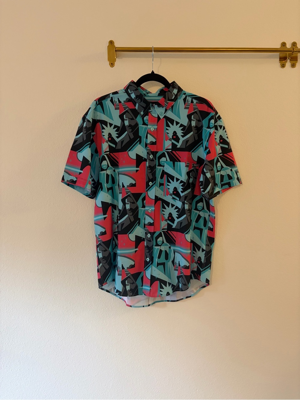 RSVLTS Short-Sleeve Button-Down Shirt in Teal, Red & Black Graphic Print